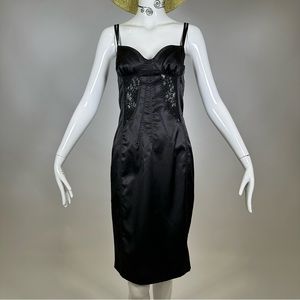 2003-4 Dolce & Gabbana Satin Bodycon Dress Lace Trim Spaghetti Strap Black 2-4